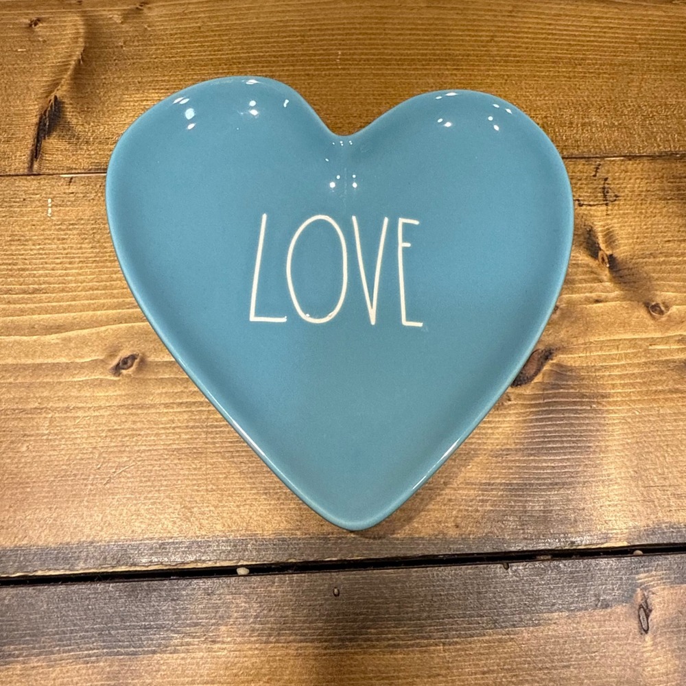 Rae Dunn LOVE Heart Trinket Dish Teal Blue Ceramic Artisan Collection Magenta